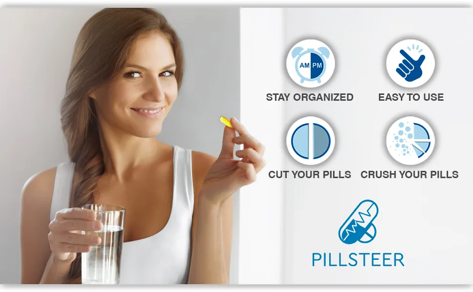 Pill Crusher Cutter Splitter Grinder - 3 in 1 - Pill Crusher Pulverizer - Tablet Cutter with Small Pill Box Container - Pill Breaker Slicer Chopper Divider - Multifunction Blue White - pill tablet cutter