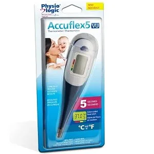 Physio Logic Accuflex 5VU Digital Thermometer with Five Second Results, Clinically Proven Accuracy in Less Than 5 Seconds, Fahrenheit or Celsius, Back Lit Screen, Flexible tip,016-651 - Accuflex 5VU package