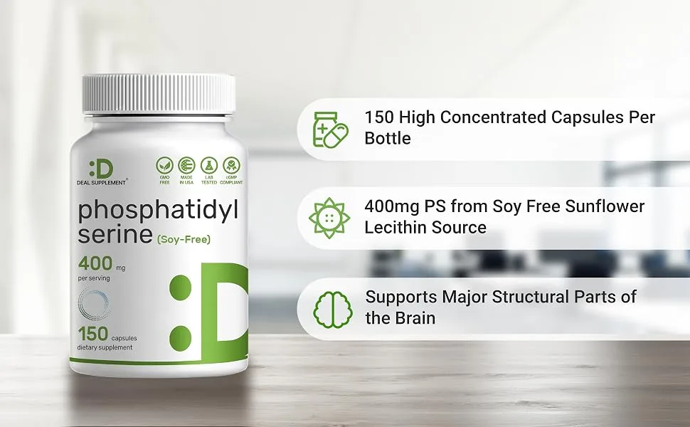 Phosphatidylserine 400mg Per Serving, 150 Capsules, Soy Free, Derived from Sunflower Lecithin | Third Party Lab Tested for Purity - Advanced Brain Health Nootropic Supplement - Phosphatidyl Serine