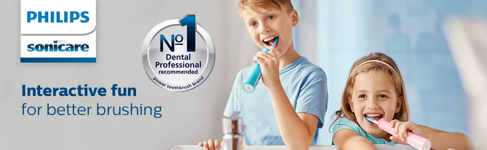 Philips Sonicare for Kids 3+ Bluetooth Connected Rechargeable Electric Power Toothbrush, Interactive for Better Brushing, Turquoise, HX6321/02 - Sonicare for Kids toothbrushes in use by two children