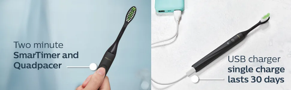 Philips One by Sonicare Rechargeable Toothbrush, Shadow Black, HY1200/06 Shadow Black Rechargeable - Two minute SmarTimer and Quadpacer