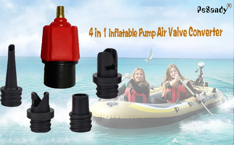 PeSandy Inflatable SUP Pump Adaptor Compressor Paddle Board Pump Adapter, Multifunction SUP Valve Adapter with 4 Air Valve Nozzles for Inflatable Boat, Stand Up Paddle Board, Inflatable Bed, Dinghy Red - SUP Pump Adapter 1