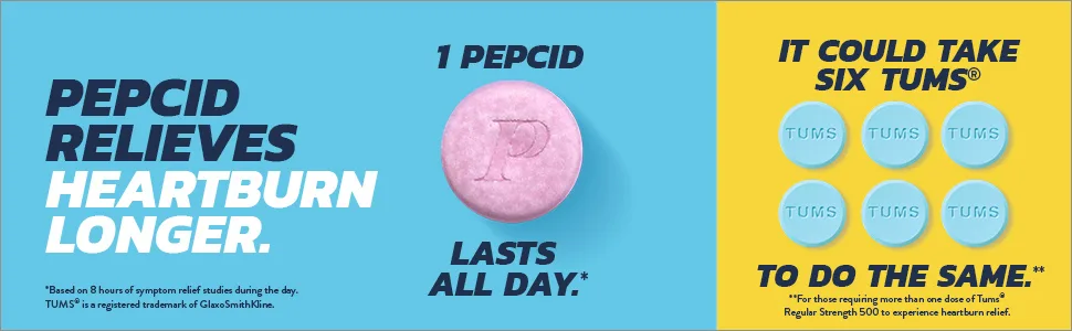 Pepcid Complete Acid Reducer + Antacid Chews for Heartburn, Famotidine, Berry, 50 Ct 50 Count (Pack of 1) - 1 Pepcid Complete chewable relieves heartburn symptoms all day, it could take 6 Tums to do the same