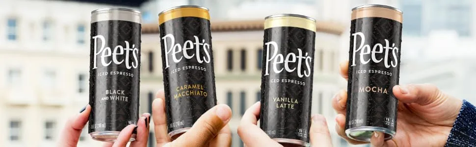 Peet's True Iced Espresso Black & White 8 oz Cans (12Count) Lightly Sweetened Single-Origin Colombian Espresso Milk & Cane Sugar 100 Calorie - Peet