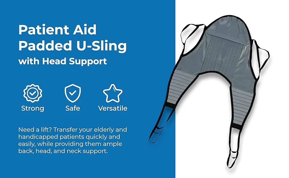 Patient Aid Padded U-Sling with Head Support, Universal Patient Lift Sling, Size Large, 225-375 lbs Capacity - Patient Aid Padded U-Sling with Head Support - Need a Lift