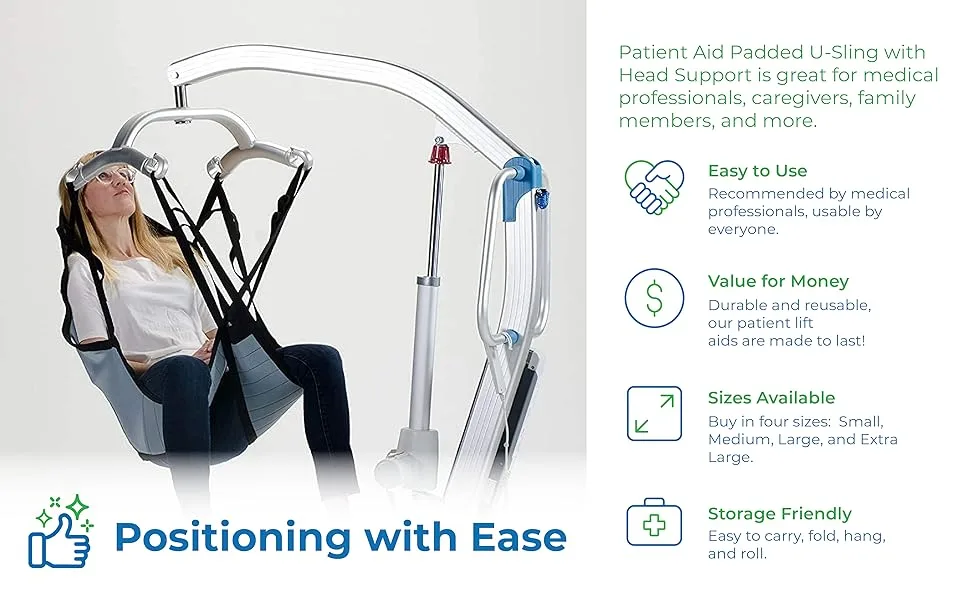 Patient Aid Padded U-Sling with Head Support, Universal Patient Lift Sling, Size Large, 225-375 lbs Capacity - Patient Aid Padded U-Sling with Head Support - Positioning with Ease