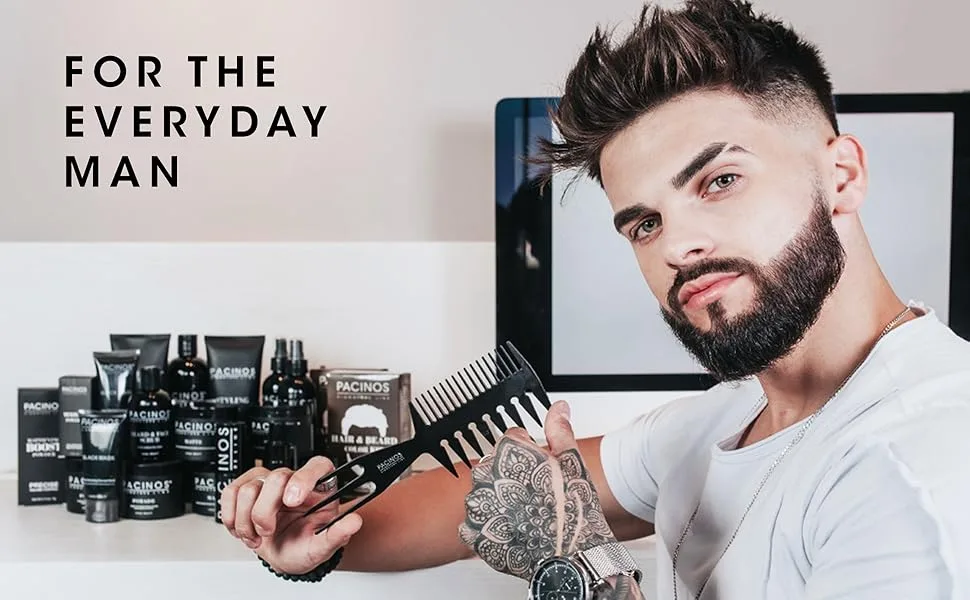 Pacinos Matte Hair Paste - 4 Fl. Oz. - Well-groomed man holding a comb with a range of hair products in the background