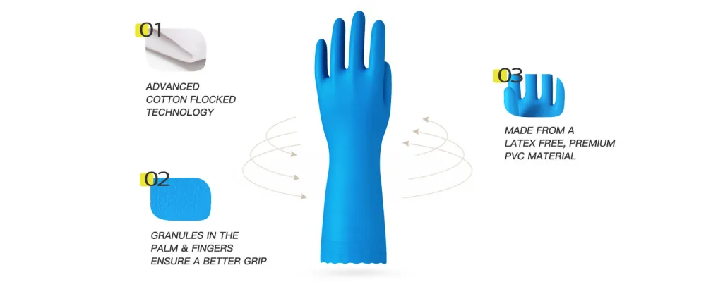 PACIFIC PPE Reusable Dishwashing Cleaning Gloves with Latex Free, Cotton Lining, Kitchen Gloves, Blue, Large Large (1 Pair) Blue - PACIFIC PPE Cotton Flocklined Cleaning Gloves