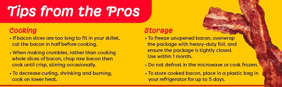 Oscar Mayer Original Fully Cooked Bacon, 2.52 oz Box, 9-11 slices - Text reads Bacon tips from the pros. cut for custom use, cook on lower heat, freeze or refrigerate.