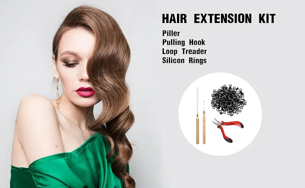 Orgrimmar Hair Extension Tool Kit Hair Extension Remove Pliers Pulling Hook 500 PCS Micro Silicone Rings Bead Device Tool Kits for Professional Hair Styling Tools Accessory (Black) - HAIR EXTENION TOOLS