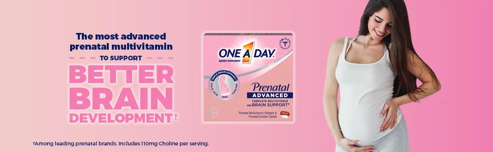One A Day Womens Prenatal Advanced Complete Multivitamin with Brain Support* with Choline, Folic Acid, Omega-3 DHA & Iron for Pre, During and Post Pregnancy, 30+30 Count (60 Count Total Set) - choline choline supplement phosphatidylcholine citicoline coline one a day prenatal vitamins
