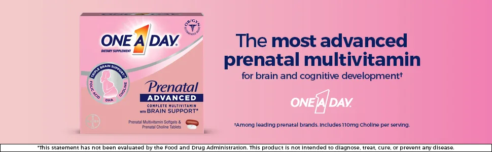 One A Day Womens Prenatal Advanced Complete Multivitamin with Brain Support* with Choline, Folic Acid, Omega-3 DHA & Iron for Pre, During and Post Pregnancy, 30+30 Count (60 Count Total Set) - womens prenatal multivitamin multivitamin for women prenatal vitamins with iron iron supplement