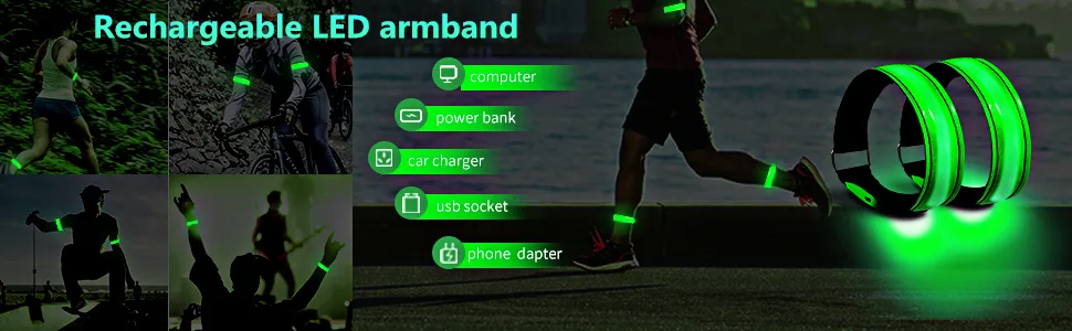 OMKHE Running Light for Runners (2 Pack) Rechargeable LED Armband Reflective Running Gear, LED Light Up Band for Joggers Bikers Walkers green - product information 1
