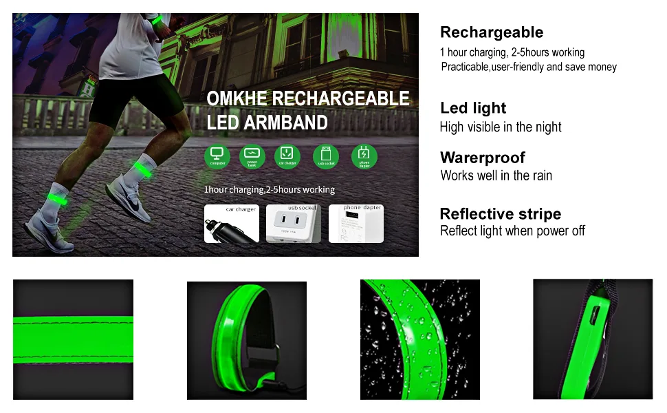 OMKHE Running Light for Runners (2 Pack) Rechargeable LED Armband Reflective Running Gear, LED Light Up Band for Joggers Bikers Walkers green - product information 2