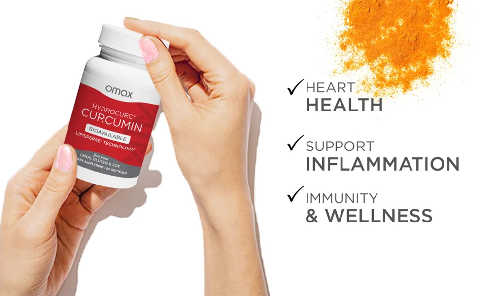Omax Highly Bioavailable Turmeric Curcumin Softgels, No BioPerine, Active in 1-Hour, Nanoparticle Potency & Absorption, Natural Joint Relief, 60-Day Supply | 60 Softgels - hydro curc