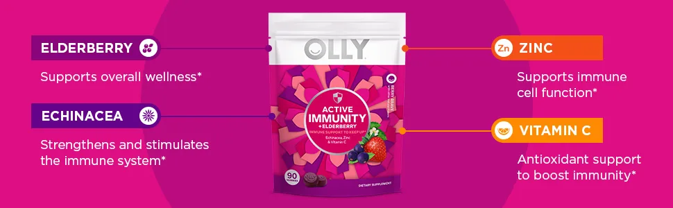 OLLY Immunity Gummy, Immune Support, Elderberry, Zinc, Vitamin C, Supplement, Berry - 90 Count Active Immunity 90 Count (Pack of 1) - image