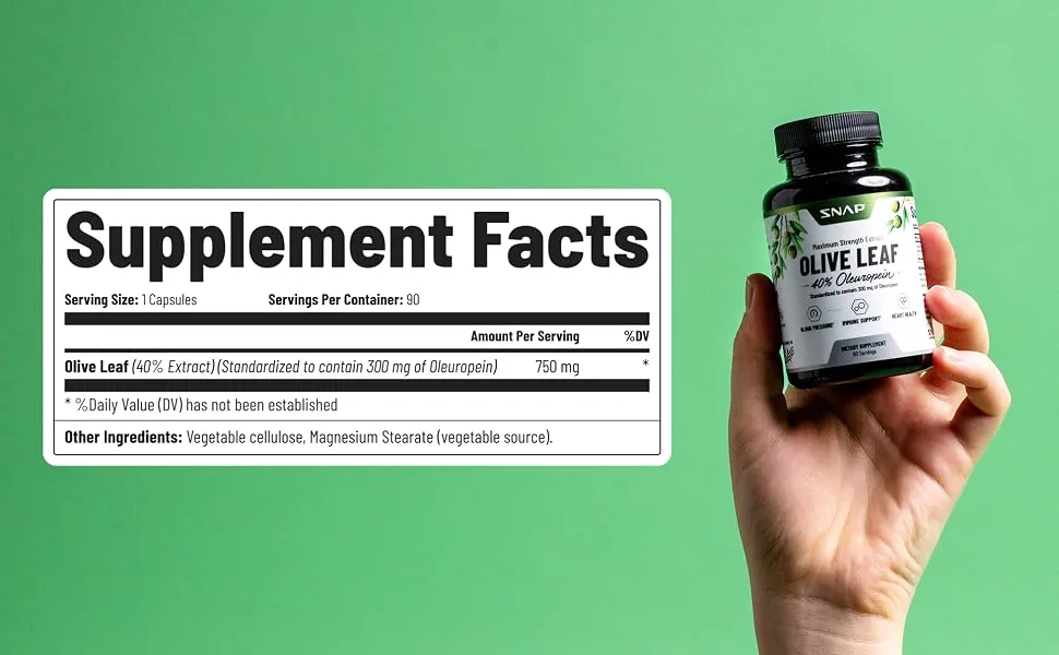 Olive Leaf Extract Capsules - Super Strength 40% Oleuropein for Blood Pressure Support, Improve Digestion, Antioxidant Boost Supplement, Improve Brain Function, Anti-Inflammatory Aid (60 Capsules) - supplement facts