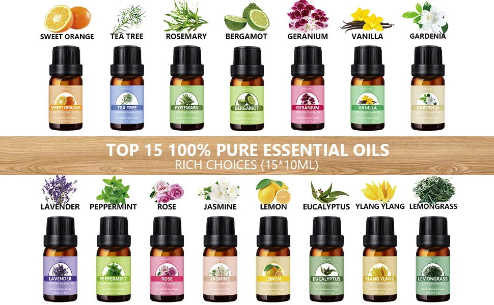 Oil Diffuser with 15x10mL Essential Oils, 500ml Essential Oil Diffusers, Aromatherapy Diffuser with 2 Mist Mode 4 Timers&7 Ambient Light Waterless Auto Off for Diffusers Large Room Home Office Log Color - Oil Diffuser