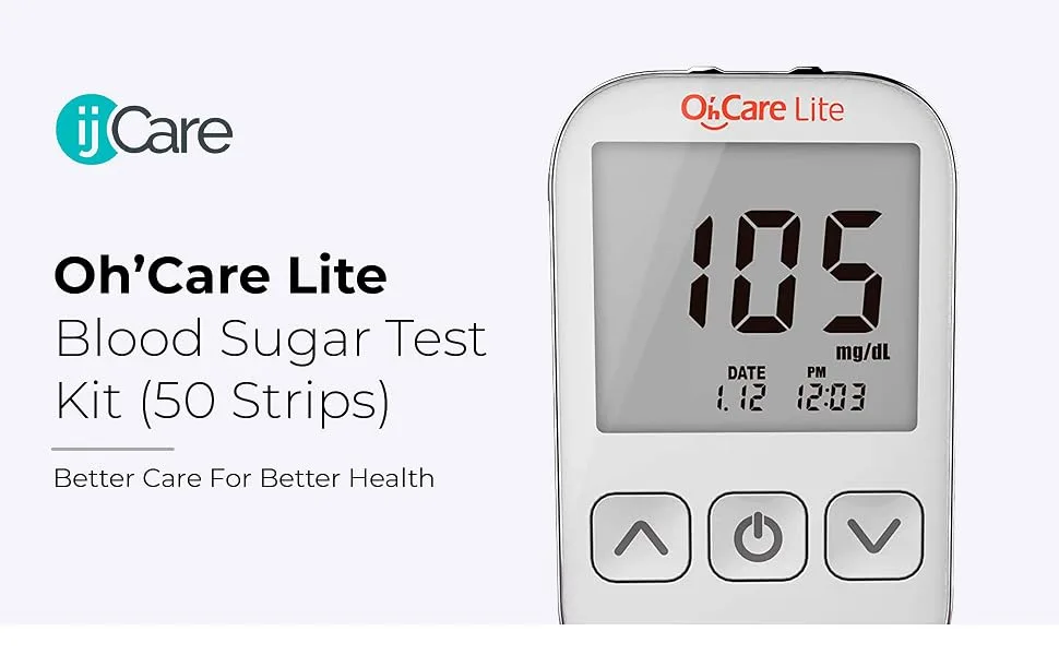 OhCare Lite Blood Sugar Test Kit  Blood Glucose Meter with Strips and Lancets, Lancing Device, Log, and Case - One Touch Eject Glucometer (50 Strips & 50 Lancets) - Heroshot