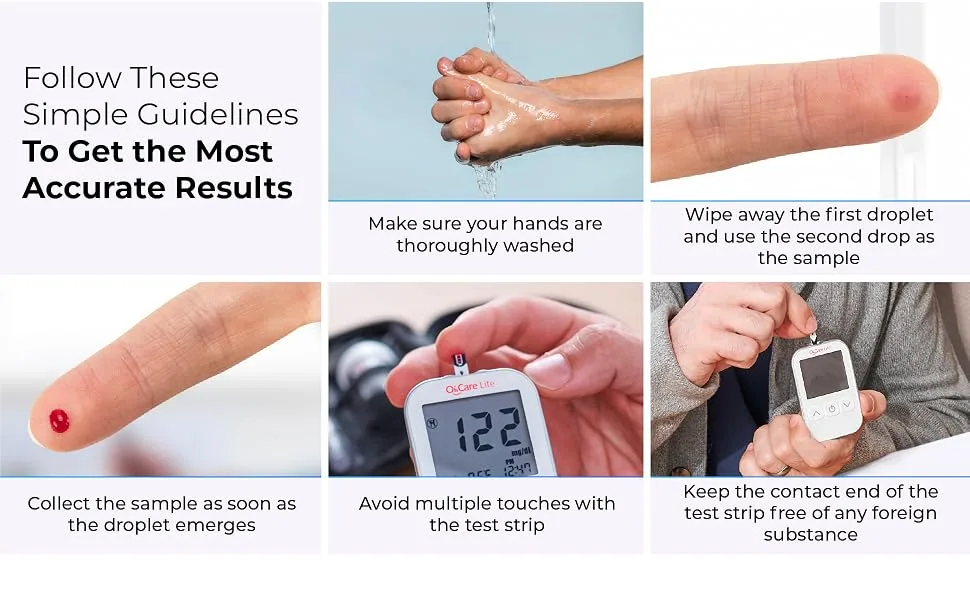 OhCare Lite Blood Sugar Test Kit  Blood Glucose Meter with Strips and Lancets, Lancing Device, Log, and Case - One Touch Eject Glucometer (50 Strips & 50 Lancets) - Steps