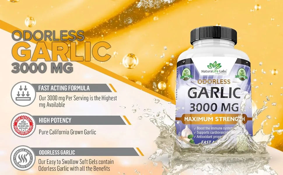 Odorless Pure Garlic 3000 mg per Serving Maximum Strength 150 Soft gels Promotes Healthy Cholesterol Levels Immune System Support - Garlic 3000 mg