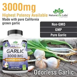 Odorless Pure Garlic 3000 mg per Serving Maximum Strength 150 Soft gels Promotes Healthy Cholesterol Levels Immune System Support - garlic 3000 mg