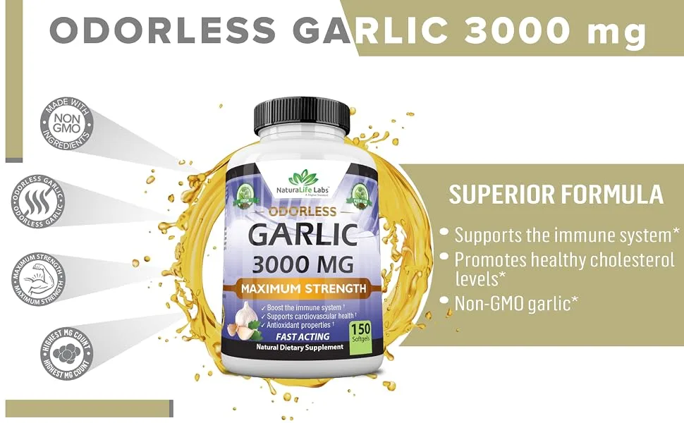 Odorless Pure Garlic 3000 mg per Serving Maximum Strength 150 Soft gels Promotes Healthy Cholesterol Levels Immune System Support - garlic softgels