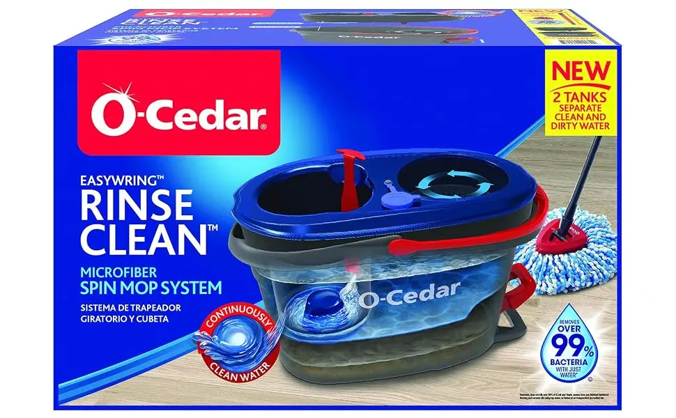 O-Cedar EasyWring RinseClean Microfiber Spin Mop & Bucket Floor Cleaning System with 2 Extra Refills, Grey RinseClean Spin Mop & Bucket + 2 Extra Refills - rinseclean packaging