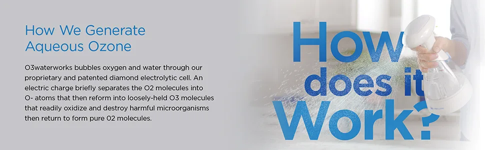 O3Waterworks Sanitizing Spray Bottle, Produces Aqueous Ozone on Demand, 99.9% Effective on Common Bacteria, Kills Bacteria on Hard Non Porous Surfaces - o3waterworks spray bottle
