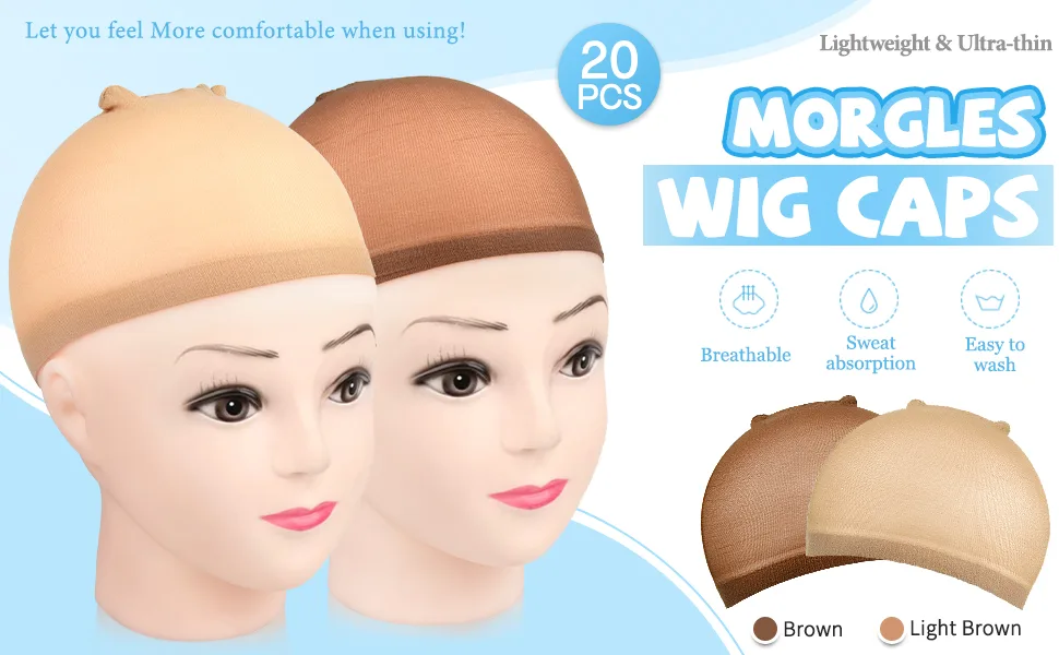 Nylon Wig Caps,MORGLES 20pcs Stocking Caps For Wigs Stretchy Wig Caps Brown & Light Brown Wig Caps For Women - wig cap