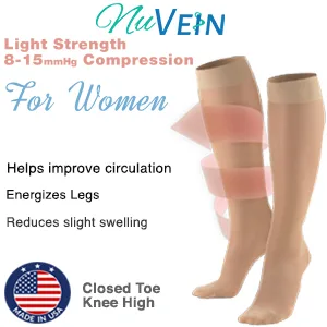 NuVein Sheer Compression Stockings for Women, 8-15 mmHg Support, Light Denier, Knee High, Closed Toe Beige Medium - product information 2