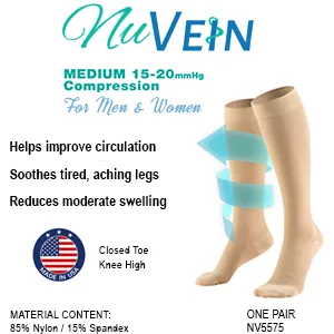 NuVein Medical Compression Stockings, 15-20 mmHg Support for Women & Men, Knee Length, Closed Toe, Beige, Medium Medium (15-20 mmHg) Beige - NuVein Heavy Compression Knee High Socks 20-30 mmHg features image made in USA for men and women