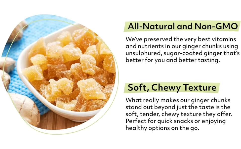 NUTS U.S. - Unsulphured Crystallized Ginger Chunks, No Artificial Colors, Fresh and Delicious Dried Gingers in Resealable Bag!!! (2 LBS) 2 Pound (Pack of 1) - Natural and Non-GMO Ginger Chunks Soft Chewy