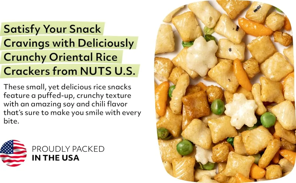 NUTS U.S. - Oriental Rice Crackers With Green Peas in Resealable Bag!!! (1 LB) - Oriental Rice Crackers with Peas