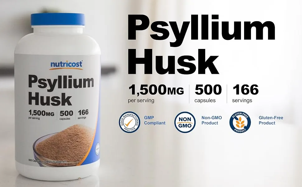 Nutricost Psyllium Husk 1500mg, 500 Capsules - Non-GMO & Gluten Free 500 Count (Pack of 1) - Psyllium Husk 1500mg per serving 500 capsules 166 servings
