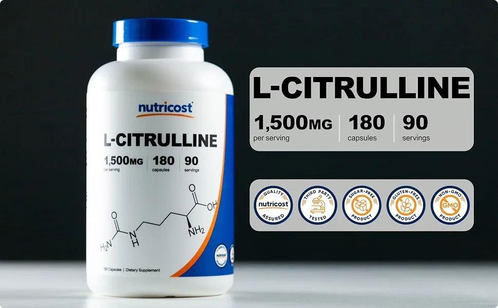 Nutricost L-Citrulline 750mg, 180 Capsules - 1500mg Per Serv, Gluten Free 180 Count (Pack of 1) - Nutricost L-Citrulline