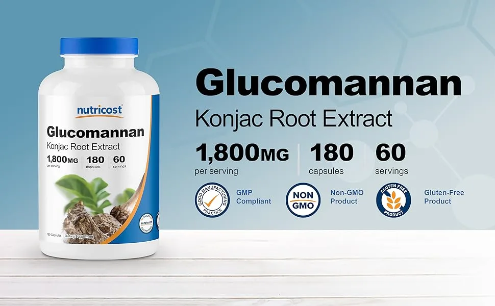 Nutricost Glucomannan 1,800mg Per Serving, 180 Capsules - Natural Fiber Source, Non-GMO, Gluten Free 180 Count (Pack of 1) - Nutricost Glucomannan Konjac Root Extract 1800 mg per serving 60 servings 180 capsules