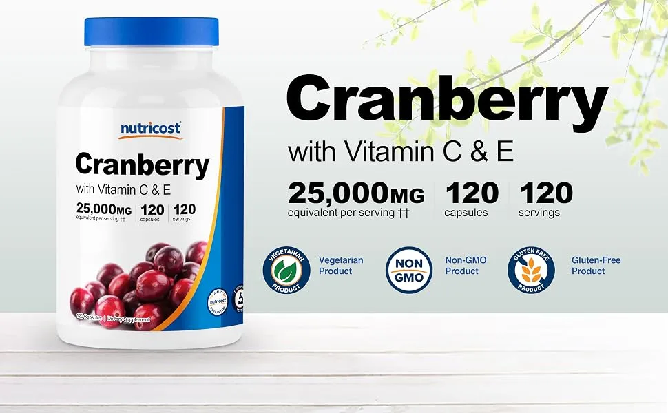 Nutricost Cranberry Extract (25,000mg) (120 Capsules) with Vitamin C & Vitamin E 120 Count (Pack of 1) - Nutricost Cranberry Extract with VItamin C & E 120 Capsules 25,000 Equivalent per serving