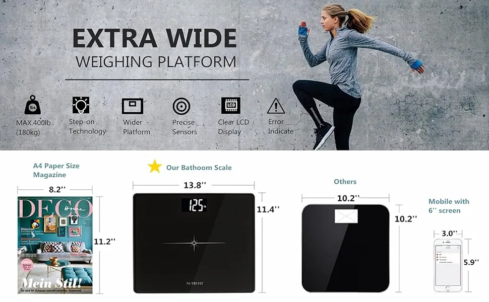 NUTRI FIT Extra-Wide/Ultra-Thick Digital Body Weight Bathroom Scale with 3 Inch Large Easy Read Backlit LCD Display Max Capacity 400lb Step-on Technology, Black State Black - EB9233 Banner