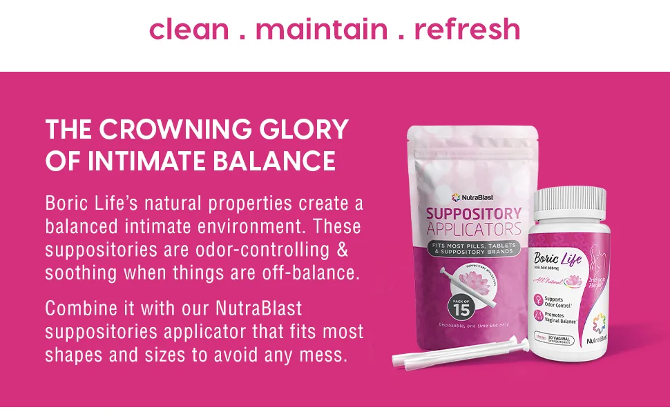 NutraBlast Boric Acid Vaginal Suppositories 600mg w/ Applicator, 30 Suppositories & 15 Applicators - Feminine Care - Made in USA - safe and effective intimate balance odor-controlling ph balance