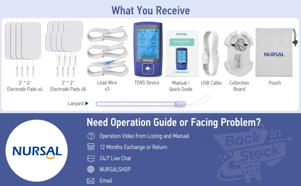 NURSAL TENS EMS Unit Muscle Stimulator for Pain Relief Therapy, Electric 24 Modes Dual Channel TENS Machine Pulse Massager with 12 Pcs Electrode Pads/Continuous Stable Mode/Memory Function Blue - tens device pulse massager