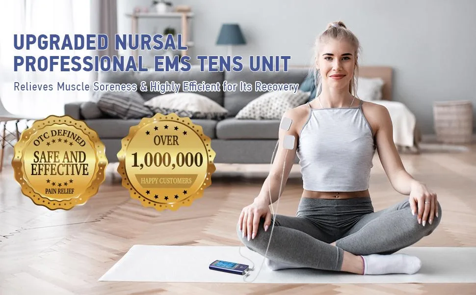 NURSAL TENS EMS Unit Muscle Stimulator for Pain Relief Therapy, Electric 24 Modes Dual Channel TENS Machine Pulse Massager with 12 Pcs Electrode Pads/Continuous Stable Mode/Memory Function Blue - tens unit