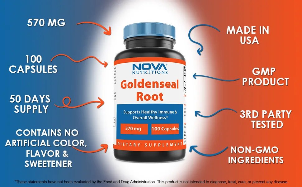 Nova Nutritions Goldenseal Root 570mg (Non-GMO) Capsules, Promotes Healthy Immune & Overall Wellness, 100 Count - Goldenseal root capsules