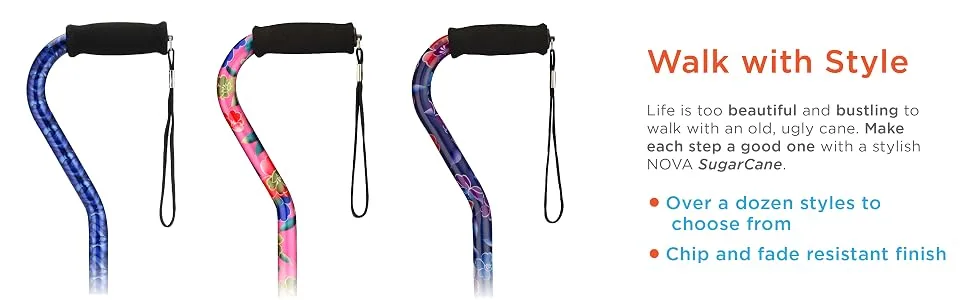 NOVA Medical Products Sugarcane, Walking Cane with All Terrain Rubber Quad Tip Base and Carrying Strap, Waves Design, Blue Rain - Walk with Style