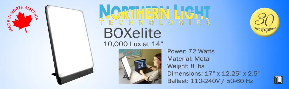 Northern Light Technologies Boxelite, Lux Bright Light Therapy Light Box, Black - BOXelite 10,000 Lux bright light therapy made in canada winter blues alert energy happy sad daylight