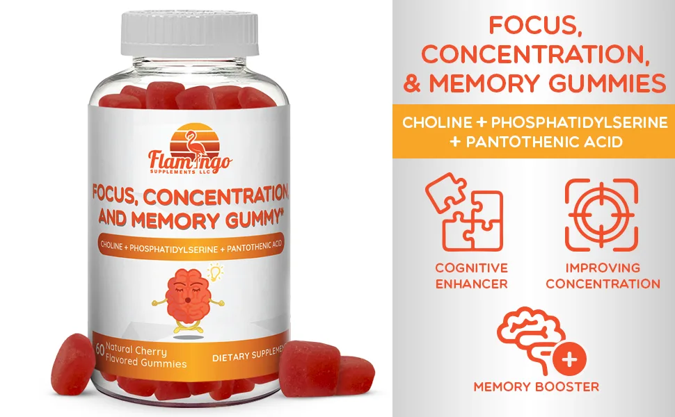 Nootropic Gummy Complex: Choline Supplement with Phosphatidylserine, and Pantothenic Acid Supplement- Improve Focus, Concentration, and Memory- Vegan, Cherry Flavor 60 Count - Memory gummies