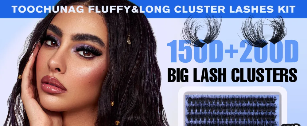 TOOCHUNAG Fluffy Lash Clusters Volume Individual Lashes Wispy 14-20mm Cluster Eyelash Extensions D Curl Thick Long Eyelash Clusters for DIY Lash Extension at Home 150D+200D - individual lashes