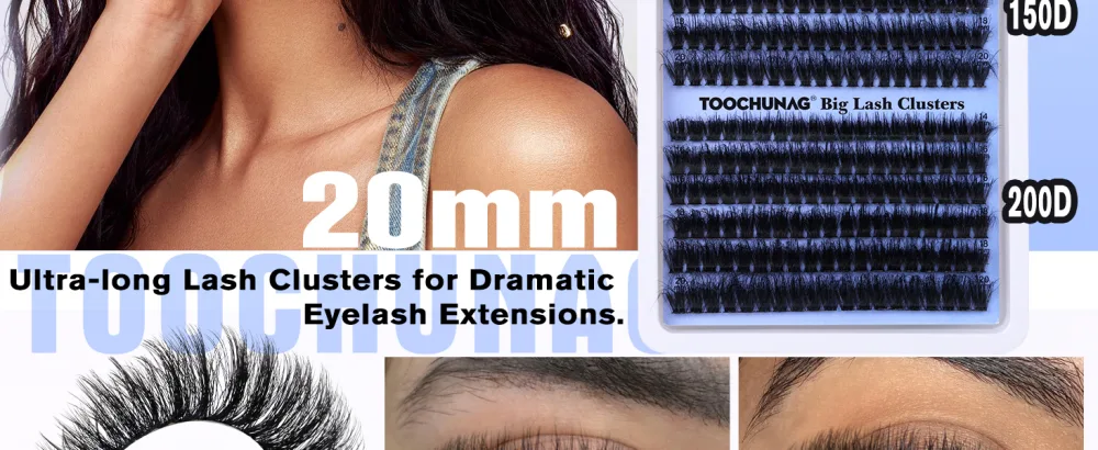 TOOCHUNAG Fluffy Lash Clusters Volume Individual Lashes Wispy 14-20mm Cluster Eyelash Extensions D Curl Thick Long Eyelash Clusters for DIY Lash Extension at Home 150D+200D - individual lashes