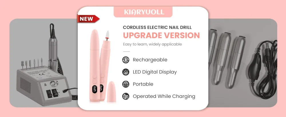 Cordless Electric Nail Drill Kit Portable Rechargeable Nail Drill Set Battery Electric Nail File 5 Speeds Modes LED Lighting Reversible Direction DIY Professional (Pink) - Cordless Nail Drill