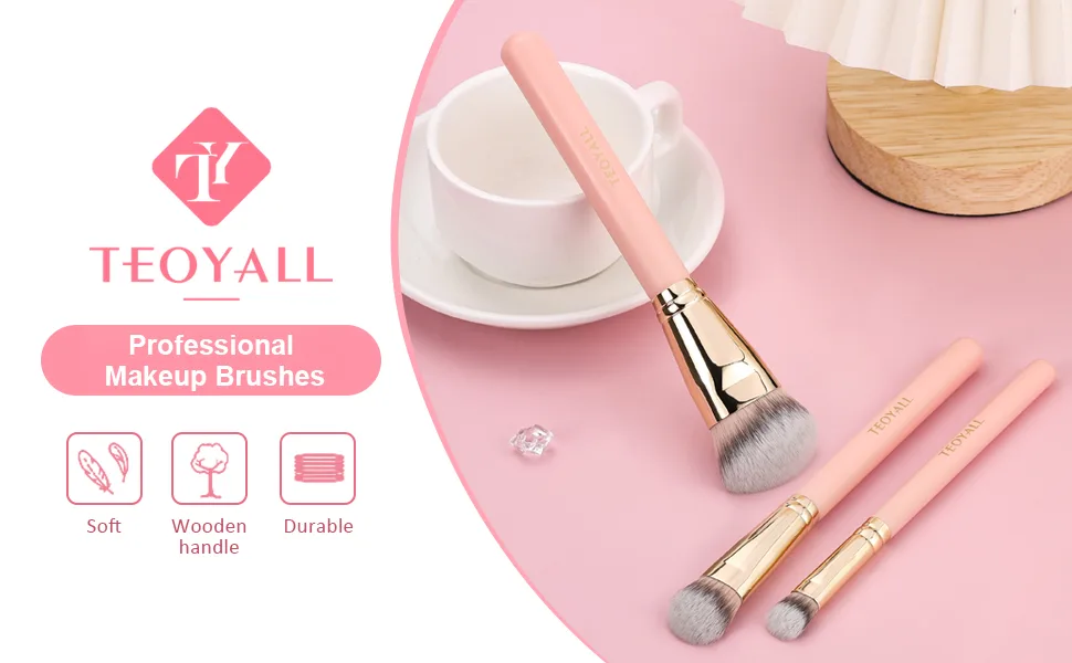 TEOYALL Flat Angled Brushes Flawless Foundation Brush Under Eye Concealer Brush Bronzer Brush with Liquid Cream Powder Pink L/M/S - flat angled brush